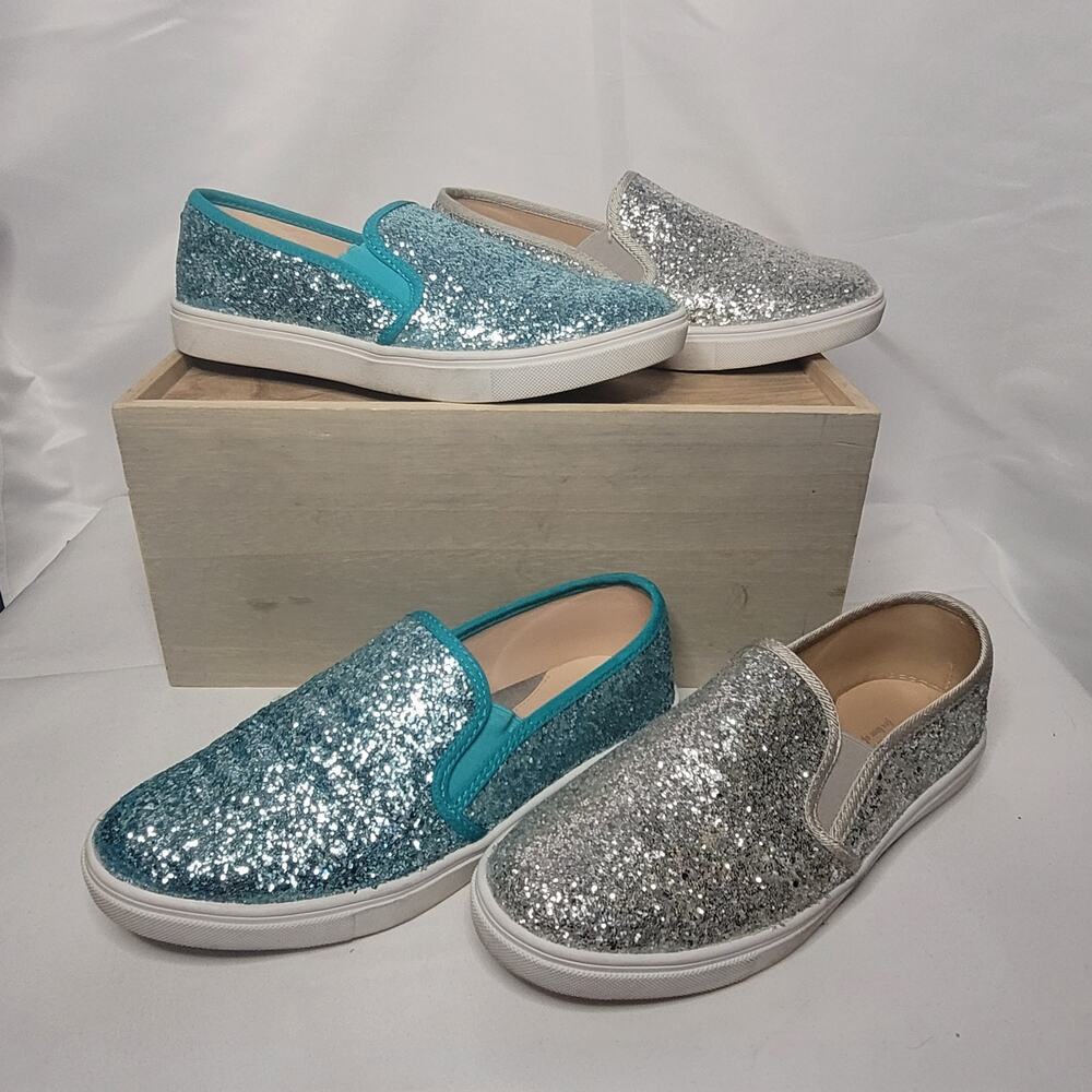 Women's Glitter -  bling - slip on teal and silver shoes- size 8.5